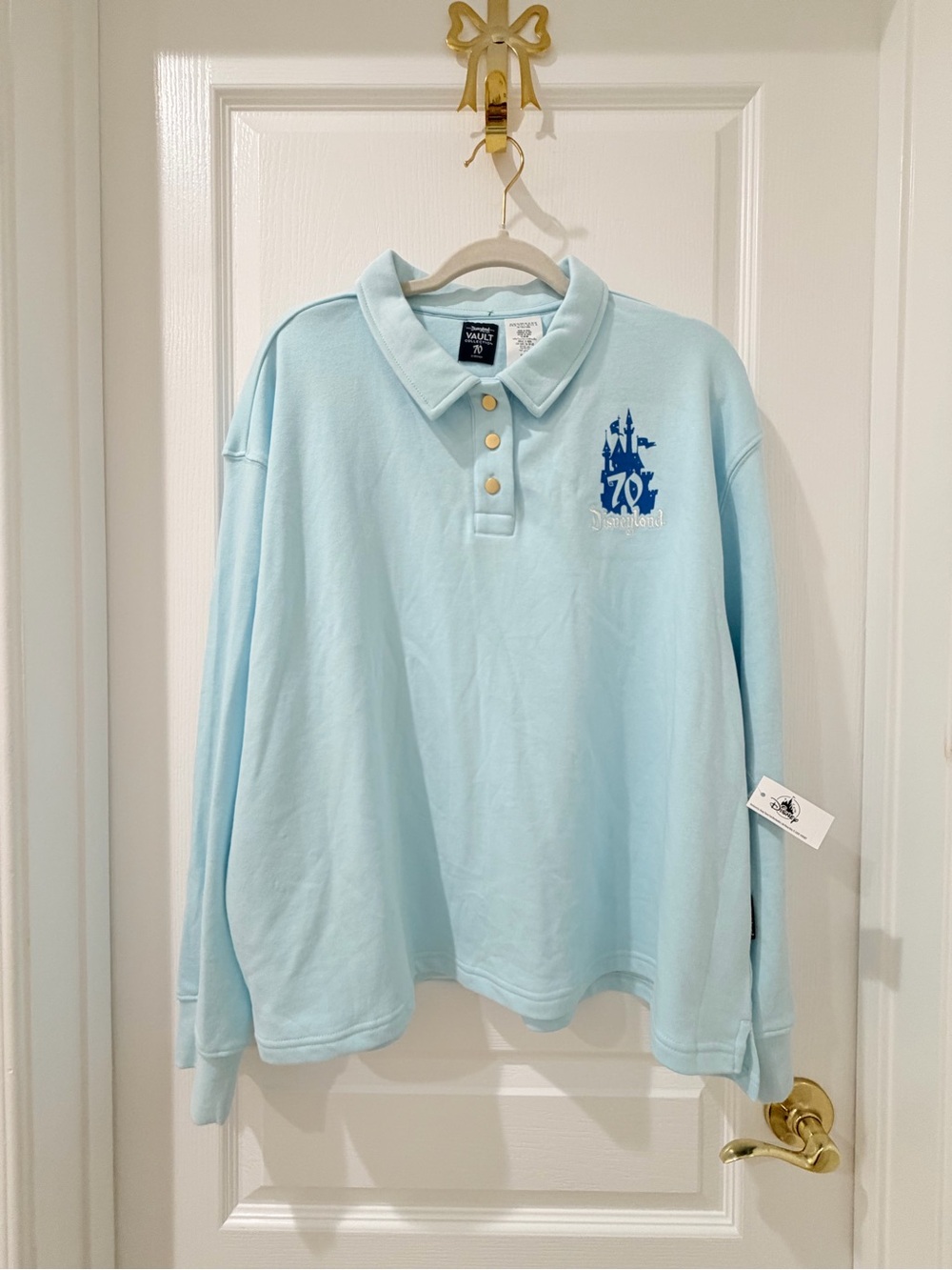 Disney Pastel Blue Long-Sleeve Polo with 70th Castle Patch